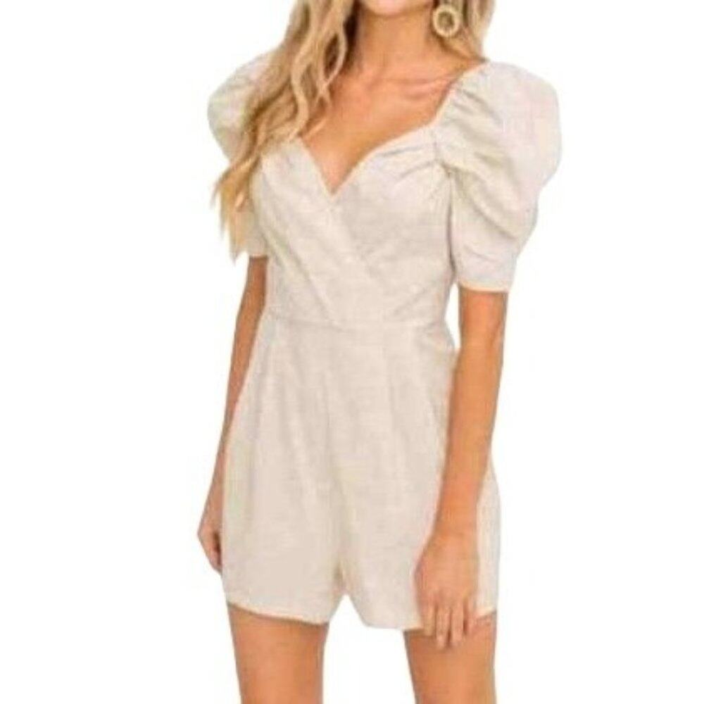 All In Favor Puff Sleeve Linen Blend Romper Cream Womens Small